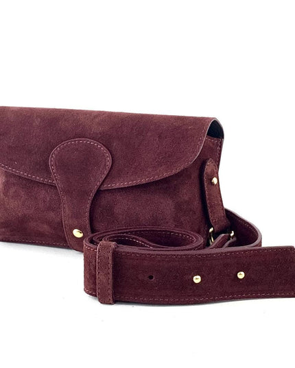 Burgundy suede crossbody bag with gold hardware, handcrafted leather accessory for unique style