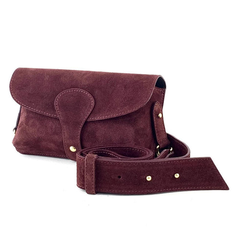 Burgundy suede crossbody bag with gold hardware, handcrafted leather accessory for unique style