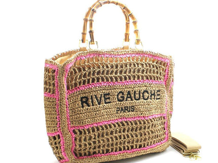 Rive Gauche Paris woven straw tote with pink trim and bamboo handles, luxury designer handbag
