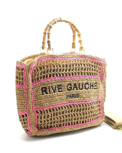 Rive Gauche Paris woven straw tote with pink trim and bamboo handles, luxury designer handbag