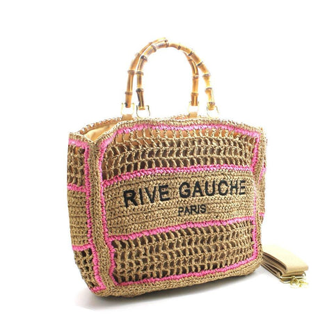Rive Gauche Paris woven straw tote with pink trim and bamboo handles, luxury designer handbag