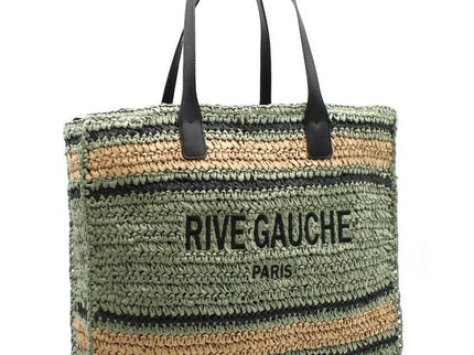 Striped woven tote bag with 'RIVE GAUCHE PARIS' text, black leather handles, luxury designer accessory