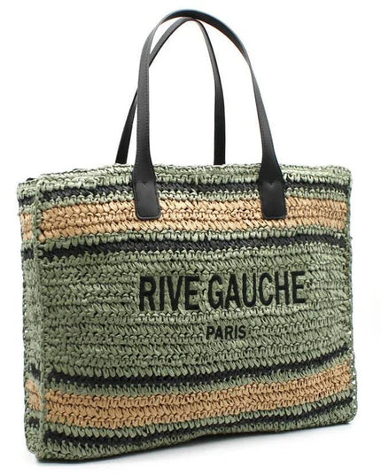 Striped woven tote bag with 'RIVE GAUCHE PARIS' text, black leather handles, luxury designer accessory