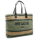 Striped woven tote bag with 'RIVE GAUCHE PARIS' text, black leather handles, luxury designer accessory