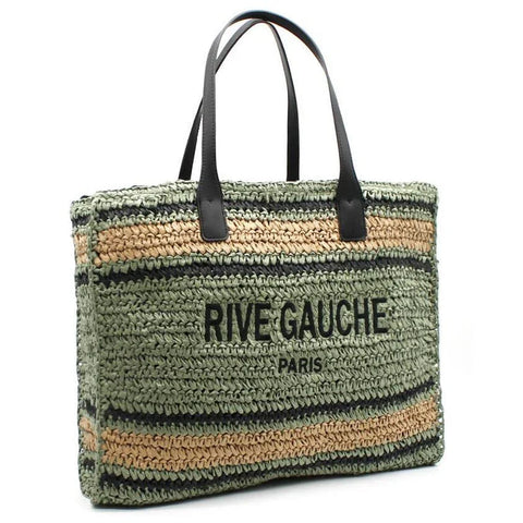 Striped woven tote bag with 'RIVE GAUCHE PARIS' text, black leather handles, luxury designer accessory
