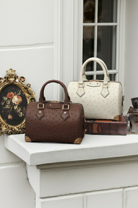 Womens Genuine Ostrich Skin Leathe Top Handle Pillow Bag