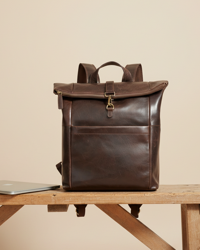 Dunkelbrauner Roll-Top-Lederrucksack – Für Laptops – IULIUS-1