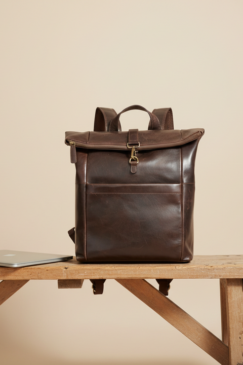 Dunkelbrauner Roll-Top-Lederrucksack – Für Laptops – IULIUS-1