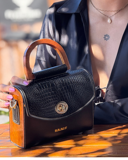 Bolso de Cuero con Solapa patron Cocodrilo  y Laterales de Madera – IULIUS-3
