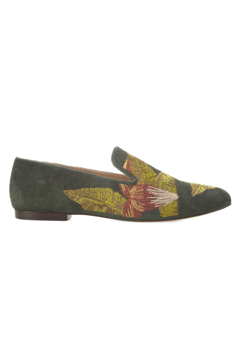Green Suede Embroidered Loafers – Elegant Women’s Flat Shoes-0