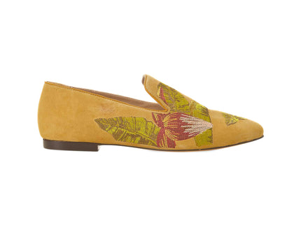 Canela Suede Yellow Leather Embroidered Loafers