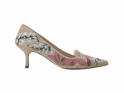 Ipê Suede Gray Pumps – 6cm Embroidered Kitten Heel