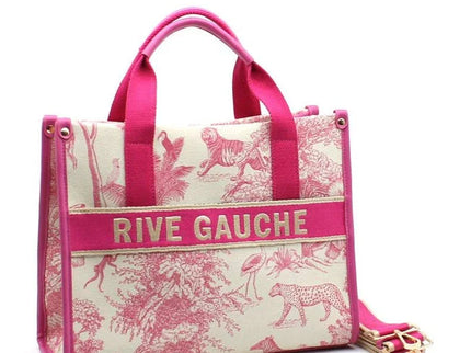 Pink Rive Gauche tote bag with jungle print, leather trim, and gold hardware