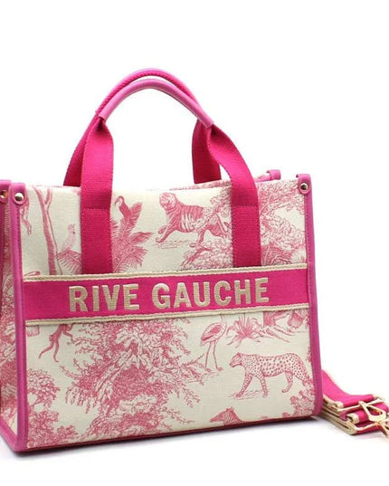 Pink Rive Gauche tote bag with jungle print, leather trim, and gold hardware