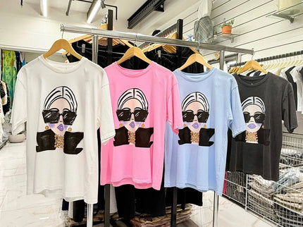 Stylish graphic tees with bold sunglasses print in white, pink, blue, black — modern designer fashion