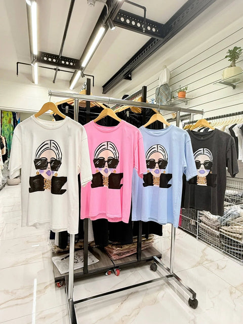 Stylish graphic tees with bold sunglasses print in white, pink, blue, black — modern designer fashion