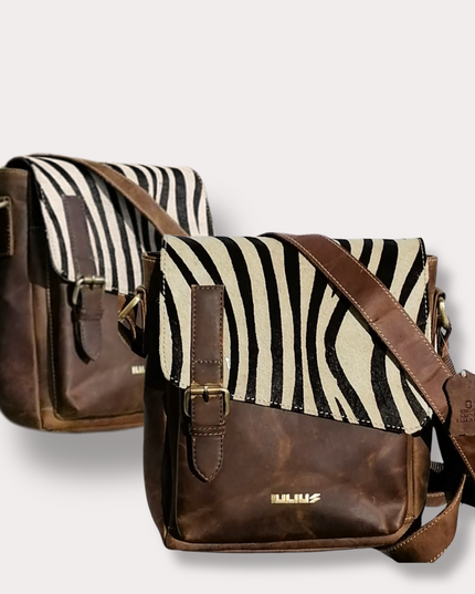 Bandolera de Cuero Genuino con Solapa de Pelo Natural Estampado Cebra – IULIUS-0