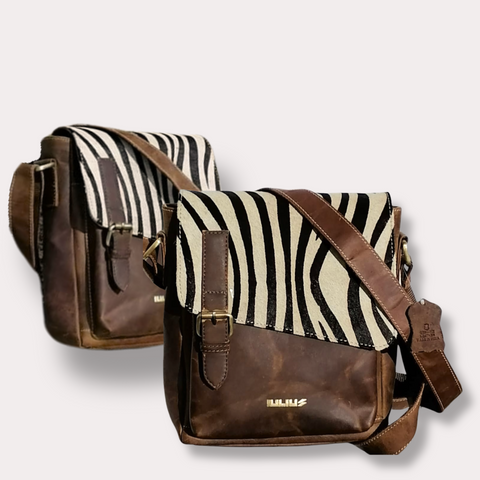 Bandolera de Cuero Genuino con Solapa de Pelo Natural Estampado Cebra – IULIUS-0