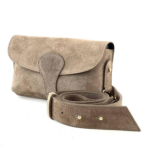 Tan suede clutch bag with adjustable strap and gold hardware, handcrafted luxury accessory