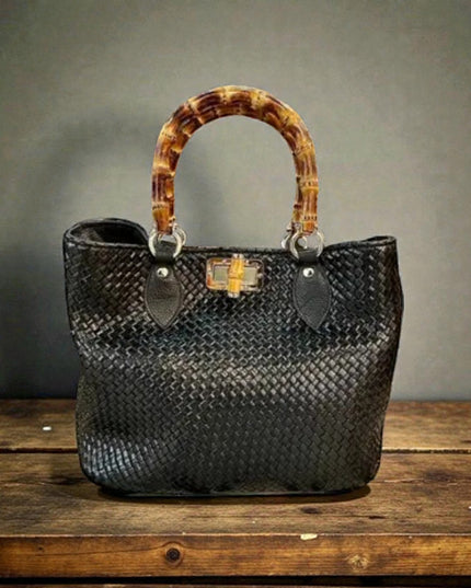 Brunocenere Geflochtene Kalbsledertasche mit Bambusgriffen – Handmade Italy