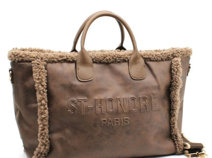 Brown leather tote bag with shearling trim and ST-HONORÉ PARIS embossing, luxury designer accessory