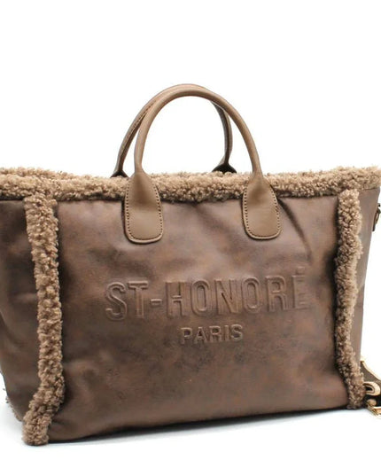 Brown leather tote bag with shearling trim and ST-HONORÉ PARIS embossing, luxury designer accessory