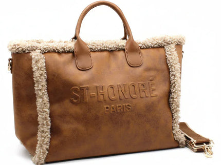 Luxury brown leather tote bag with shearling trim and embossed ST-HONORÉ PARIS logo, ideal for designer fashion lovers.