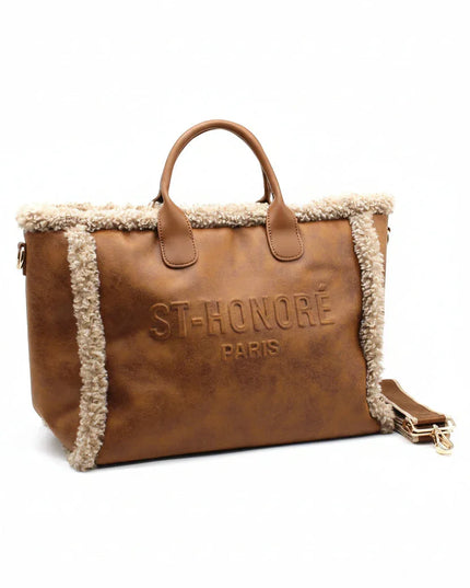 Luxury brown leather tote bag with shearling trim and embossed ST-HONORÉ PARIS logo, ideal for designer fashion lovers.