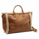 Luxury brown leather tote bag with shearling trim and embossed ST-HONORÉ PARIS logo, ideal for designer fashion lovers.