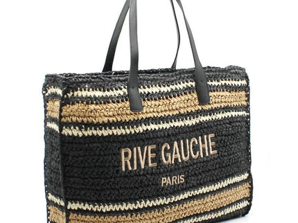 Rive Gauche Paris woven tote bag with black leather handles, striped raffia design, luxury accessory