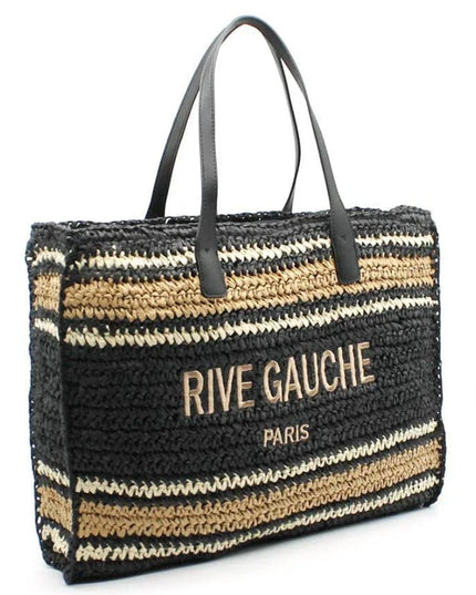 Rive Gauche Paris woven tote bag with black leather handles, striped raffia design, luxury accessory