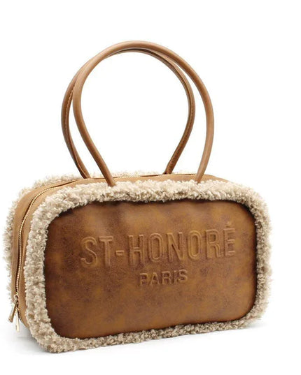 Luxury brown leather handbag with shearling trim and 'ST-HONORÉ PARIS' embossing, designer accessory