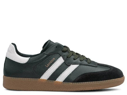 Dark green leather sneaker with white stripes and gum sole, 'London' detail, luxury designer style