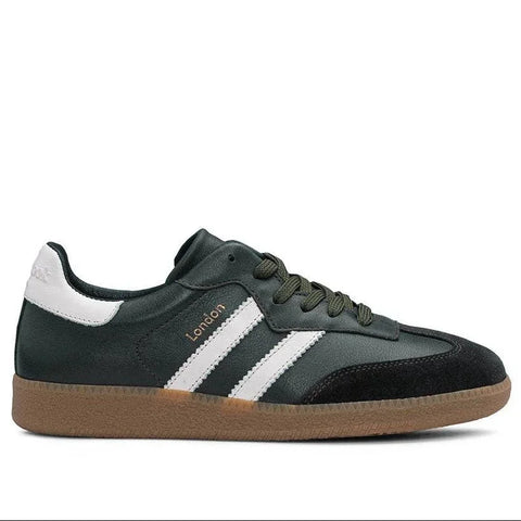Dark green leather sneaker with white stripes and gum sole, 'London' detail, luxury designer style