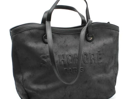 Black suede tote bag with embossed St-Honoré Paris logo, luxury designer handbag