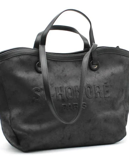 Black suede tote bag with embossed St-Honoré Paris logo, luxury designer handbag