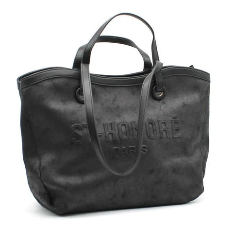 Black suede tote bag with embossed St-Honoré Paris logo, luxury designer handbag