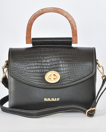 Bolso de Cuero con Solapa patron Cocodrilo  y Laterales de Madera – IULIUS-0