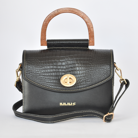 Bolso de Cuero con Solapa patron Cocodrilo  y Laterales de Madera – IULIUS-0