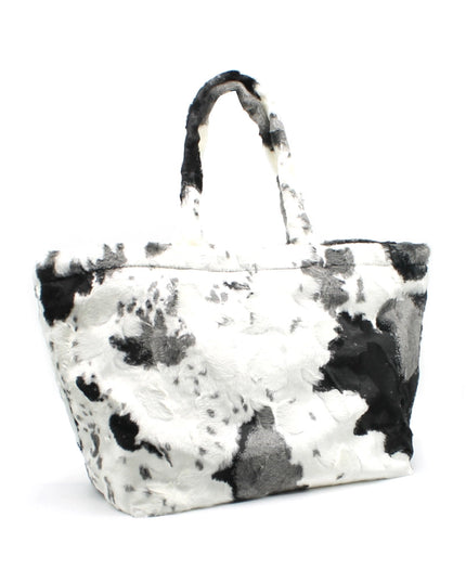 BIG cuddly shopper fur bag with cow pattern and firm handle in 3 colors 