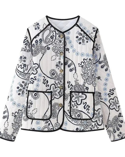 Damen Steppjacke Weiss-Schwarz Paisley Print