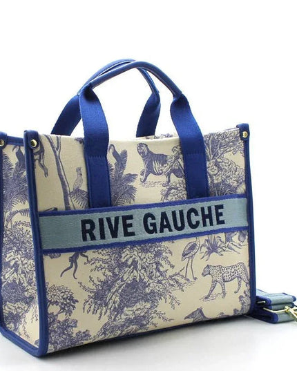 Rive Gauche tote bag with blue animal print, luxury designer accessory, handcrafted style
