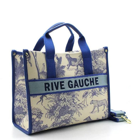 Rive Gauche tote bag with blue animal print, luxury designer accessory, handcrafted style