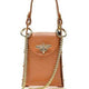 Tan leather crossbody bag with gold bee clasp and chain strap, luxury designer accessory