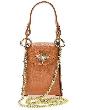 Tan leather crossbody bag with gold bee clasp and chain strap, luxury designer accessory