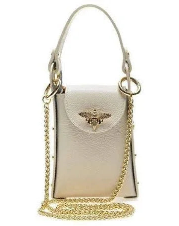 Cream leather crossbody bag with gold bee clasp and chain strap, luxury designer accessory