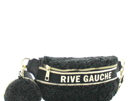 Black fluffy Rive Gauche fanny pack with gold zipper and matching pom-pom accessory, luxury designer style
