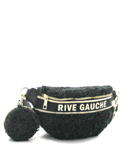 Black fluffy Rive Gauche fanny pack with gold zipper and matching pom-pom accessory, luxury designer style