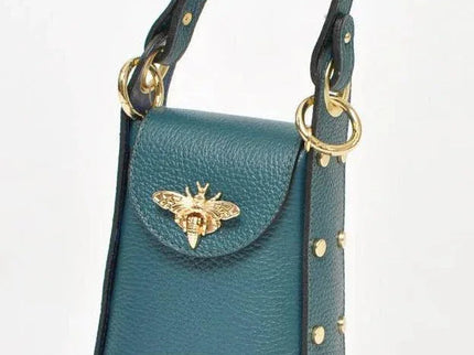 Teal leather handbag with gold bee clasp and studded details, luxury designer accessory