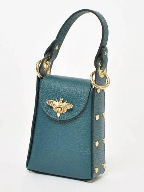 Teal leather handbag with gold bee clasp and studded details, luxury designer accessory